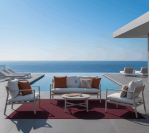 מערכות ישיבה לחצר בעיצוב מודרני עם ספה וכורסאות חוץ מול נוף פתוח