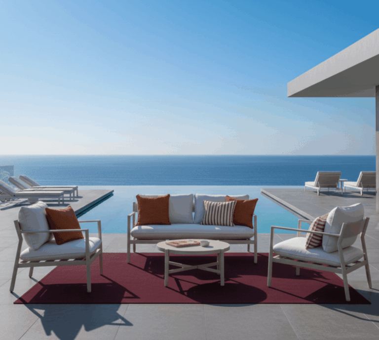 מערכות ישיבה לחצר בעיצוב מודרני עם ספה וכורסאות חוץ מול נוף פתוח