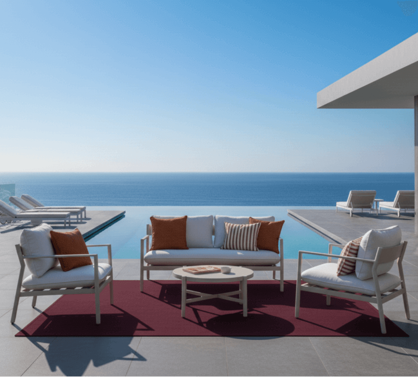 מערכות ישיבה לחצר שימושיות בעיצוב מודרני מול נוף ים פתוח