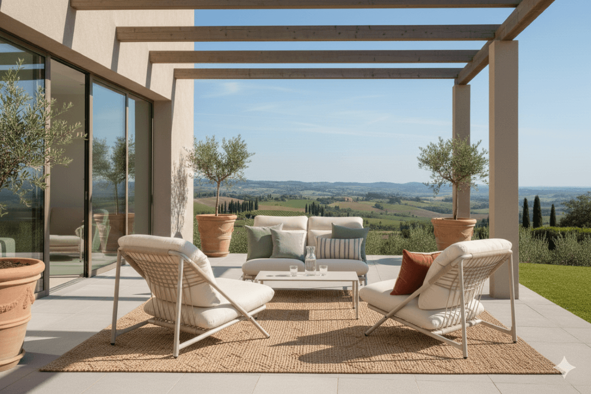 ריהוט גן למרפסת מעוצבת עם מערכת ישיבה יוקרתית ונוף פתוח