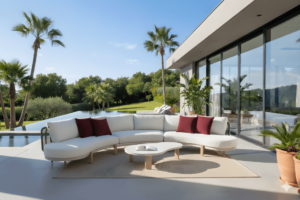 פינת ישיבה לחצר מעוצבת יוקרתית עם ספה מודרנית אלומיניום ונוף פתוח